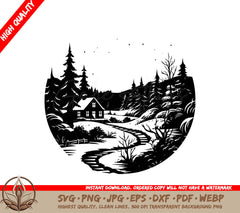 Snowy Forest Homestead Digital Design File (SVG, PNG, JPG, AI, PDF, DXF, EPS, WebP)