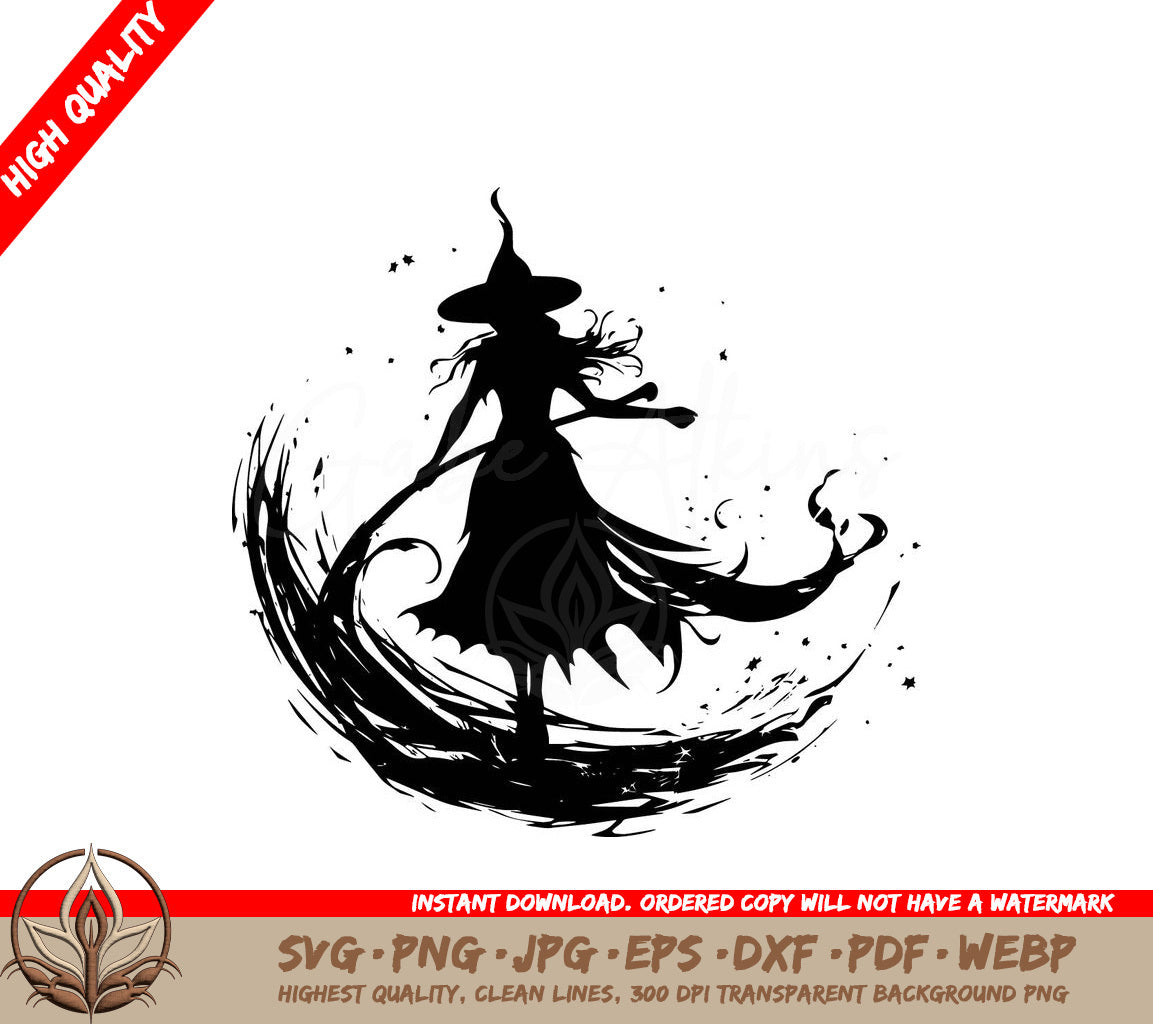 Spellcasting Witch Digital Design File (SVG, PNG, JPG, AI, PDF, DXF, EPS, WebP)