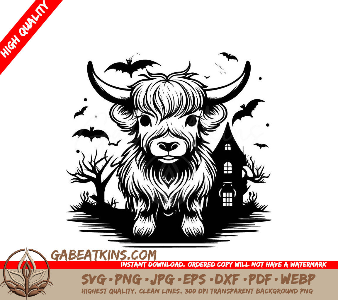 Spooky Highland Cow & Bats Halloween SVG - Drawing SVG