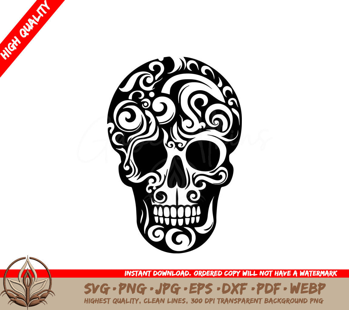 Spooky Swirl Skull: Multi-Format Digital Design File (SVG, PNG, JPG, AI, PDF, DXF, EPS, WebP)