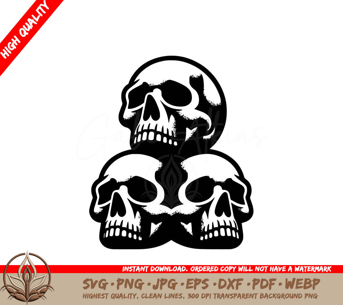 Stacked Skull Trio Digital Design File (SVG, PNG, JPG, AI, PDF, DXF, EPS, WebP)