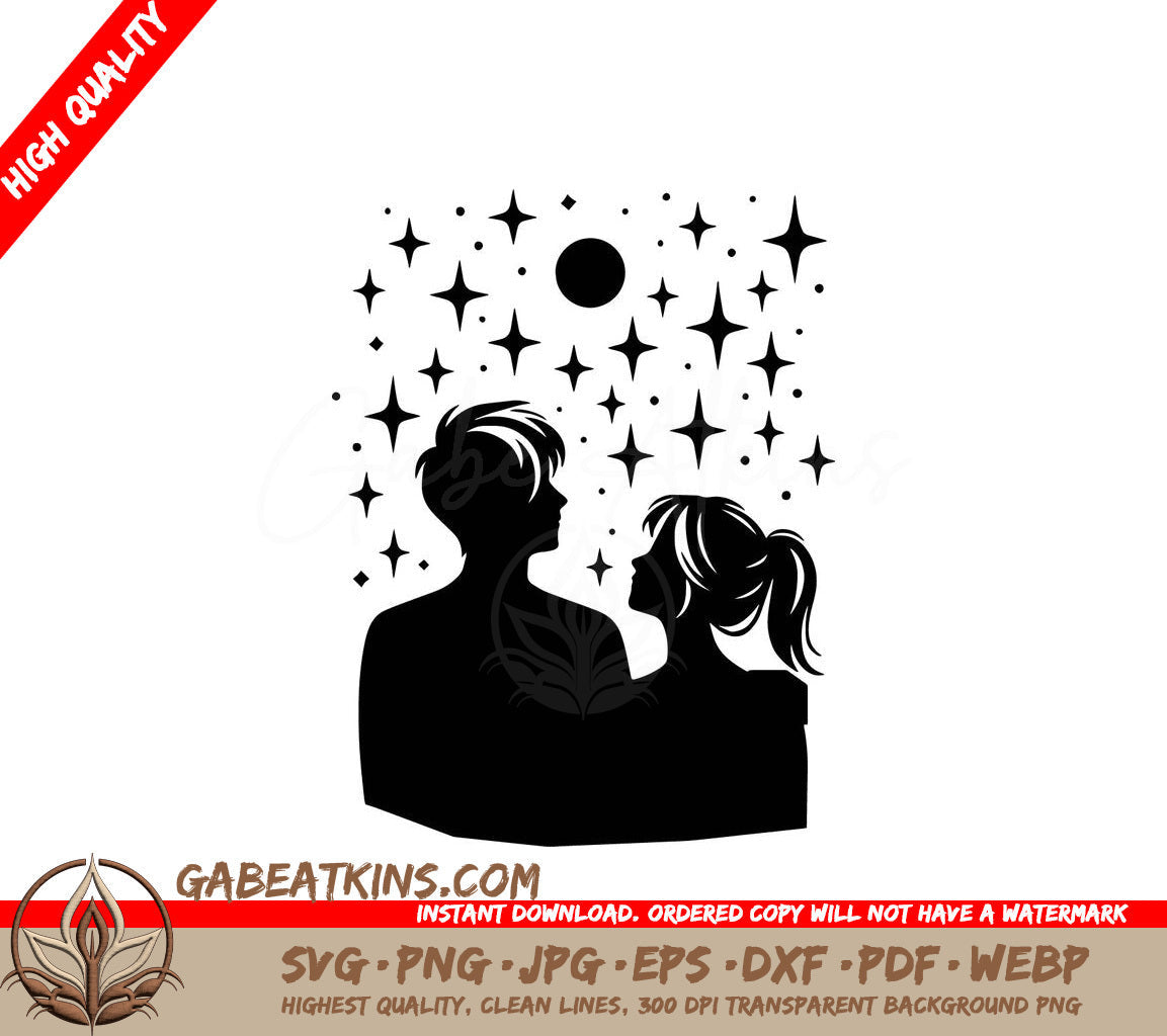 A Silhouette Of A Man And A Woman Looking Up At The Stars SVG - Star Lovers SVG