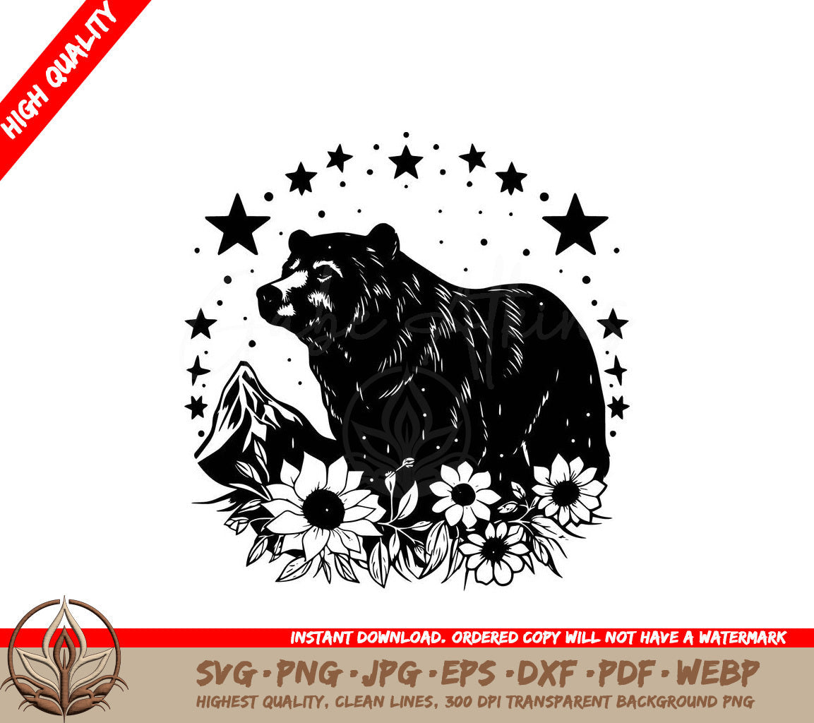 A Black And White Drawing Of A Bear Surrounded By Flowers And Stars