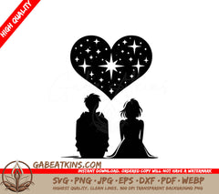 A Man And A Woman Are Sitting In Front Of A Heart Filled With Stars SVG - Starry Lovebirds SVG