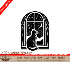 A Cat Looking Out A Window At Night SVG - Starry Night Kitty SVG