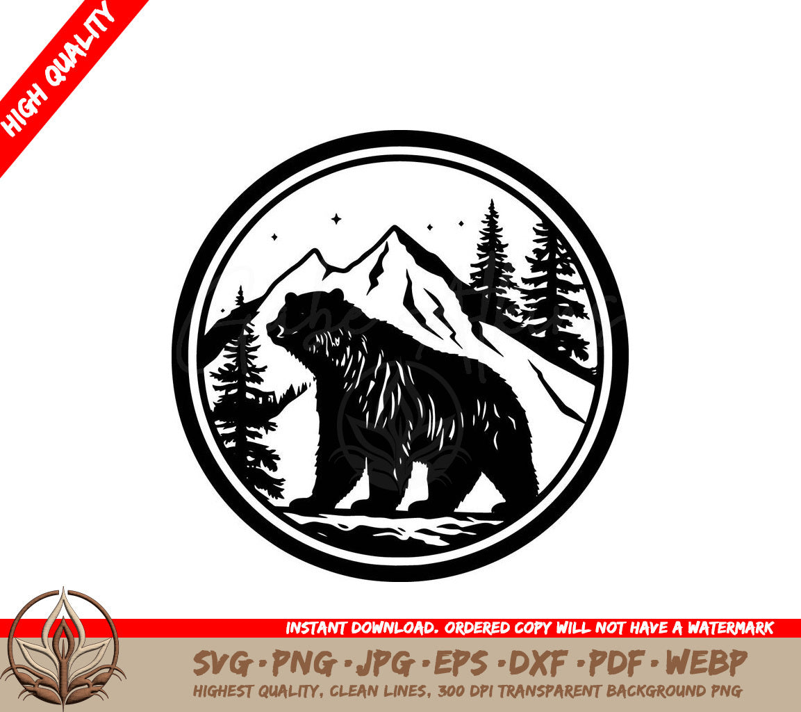 A Bear In A Circle With Mountains In The Background