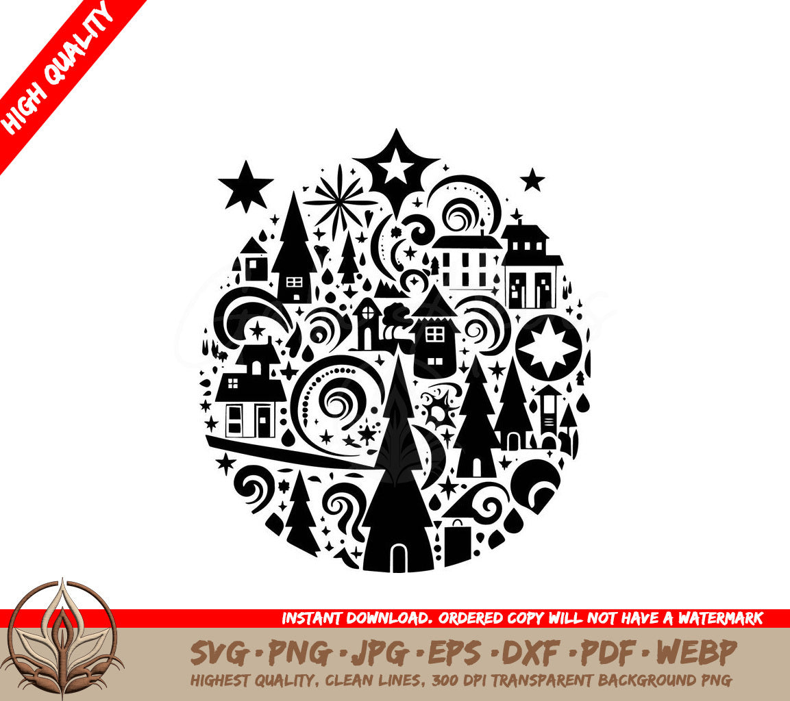 Houses Trees And Stars SVG - Starry Winter Village SVG