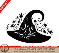 A Black And White Drawing Of A Witch Hat With Stars And Swirls