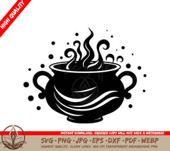 A Black And White Drawing Of A Cauldron With Steam Coming Out Of It