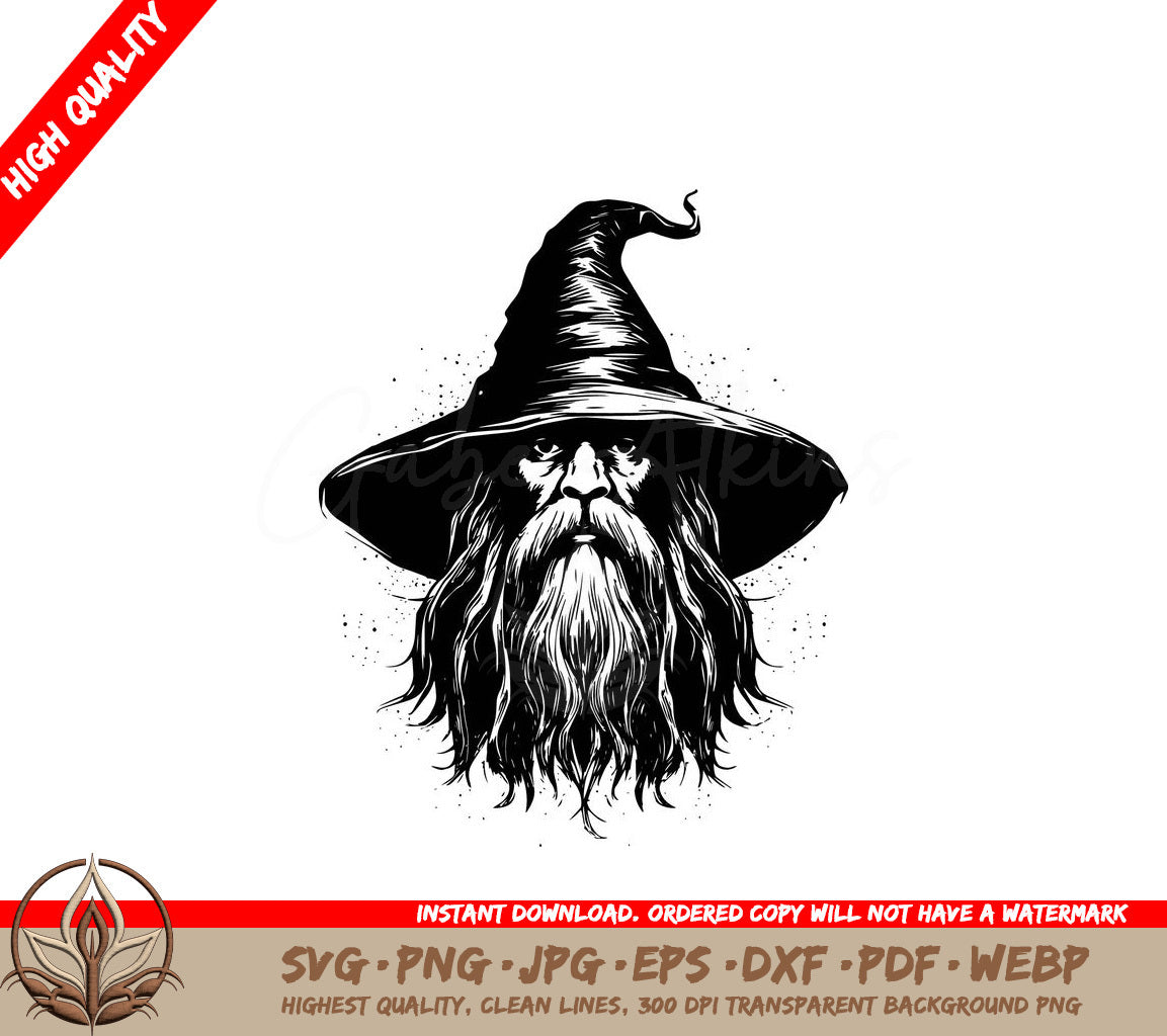 A Black And White Drawing Of A Man With A Beard Wearing A Witch Hat