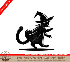 A Black Cat Wearing A Witch Hat And Cape
