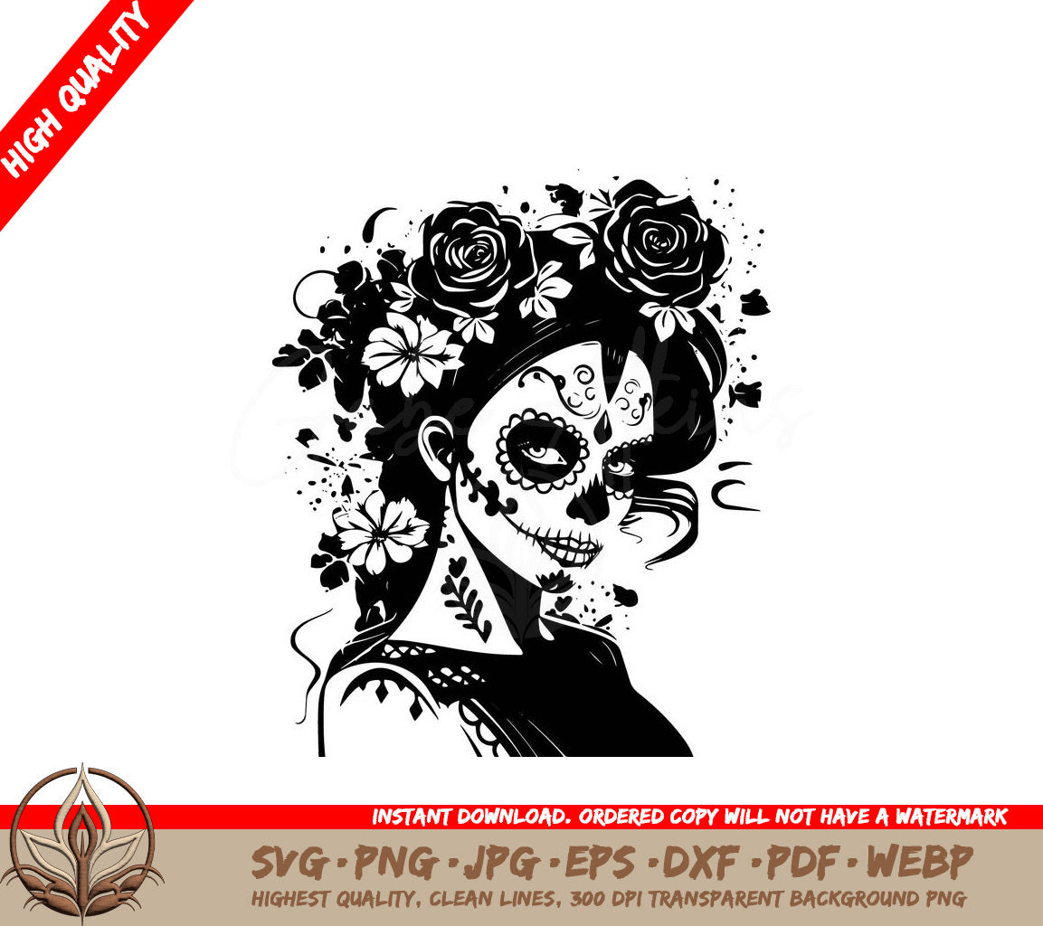 Sugar Skull Beauty Digital Design File (SVG, PNG, JPG, AI, PDF, DXF, EPS, WebP)