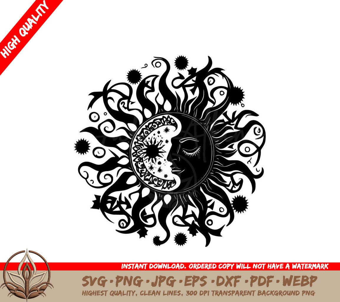 Sun Moon Mandala: Digital Design in Multiple File Formats (SVG, PNG, JPG, AI, PDF, DXF, EPS, WebP)