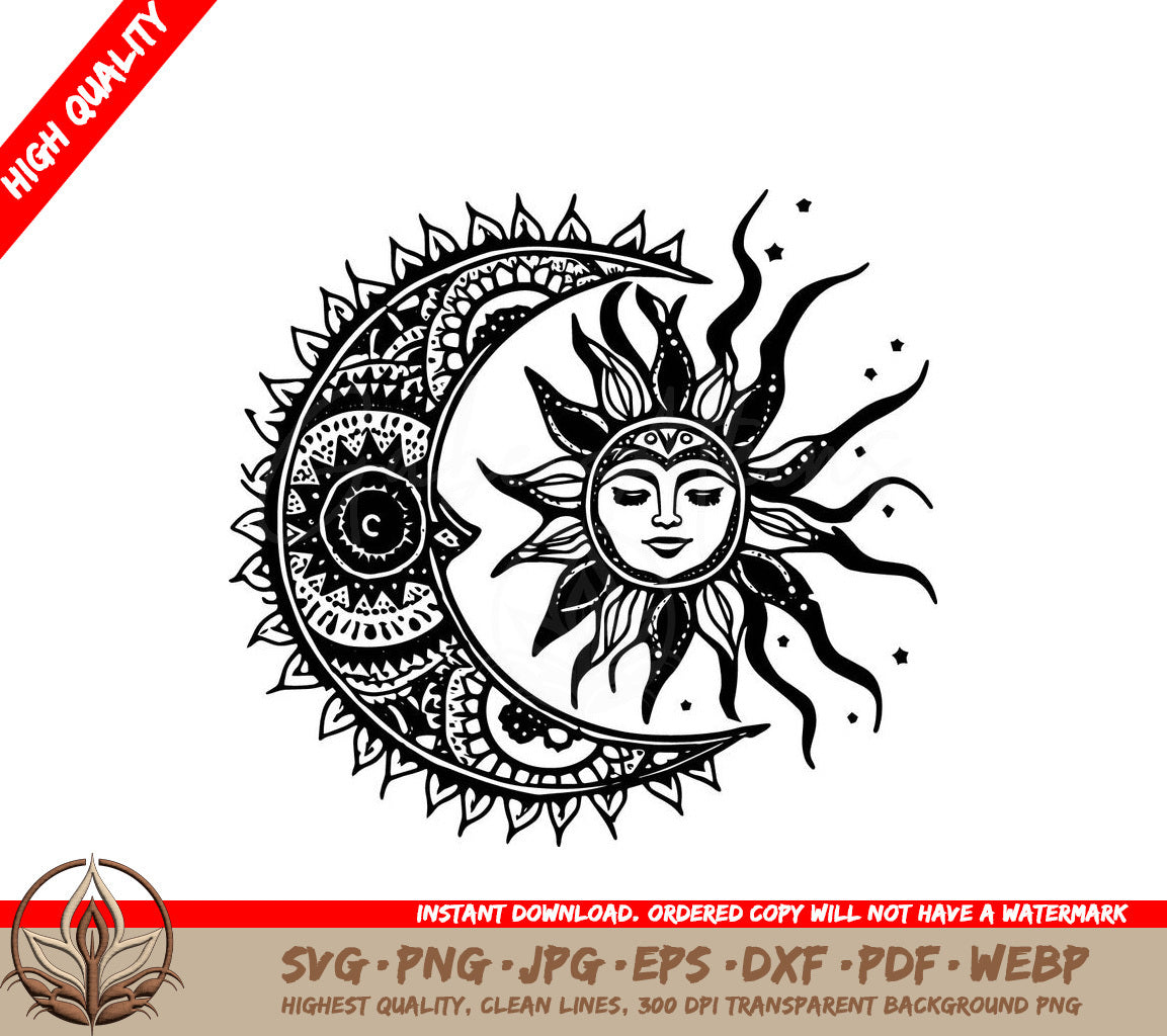 Sun and Moon in Celestial Harmony Mandala SVG, PNG, JPG, AI, PDF, DXF, EPS and WebP - Digital Download
