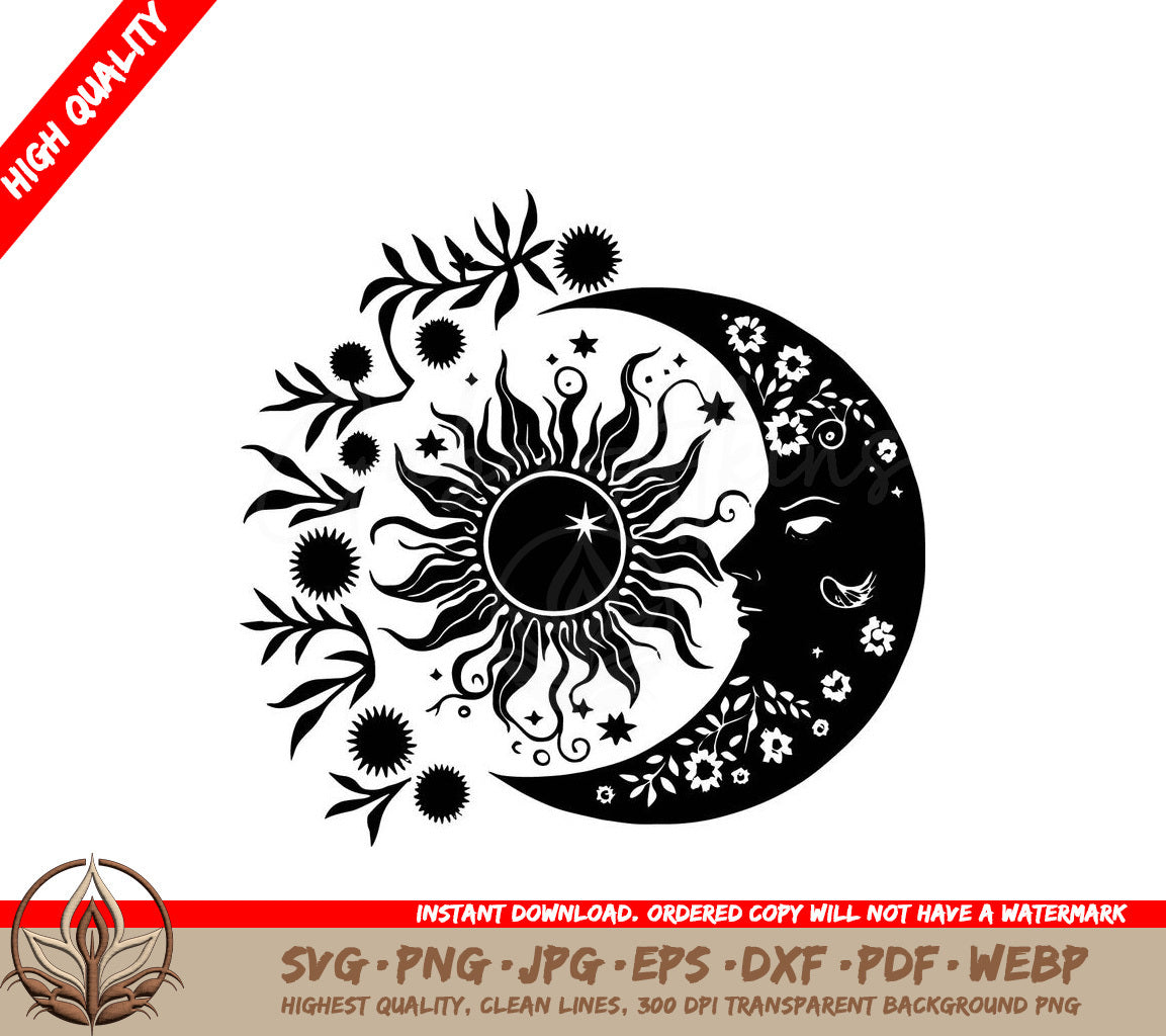 Sun and Moon with Flowers Digital Design in Multiple File Formats