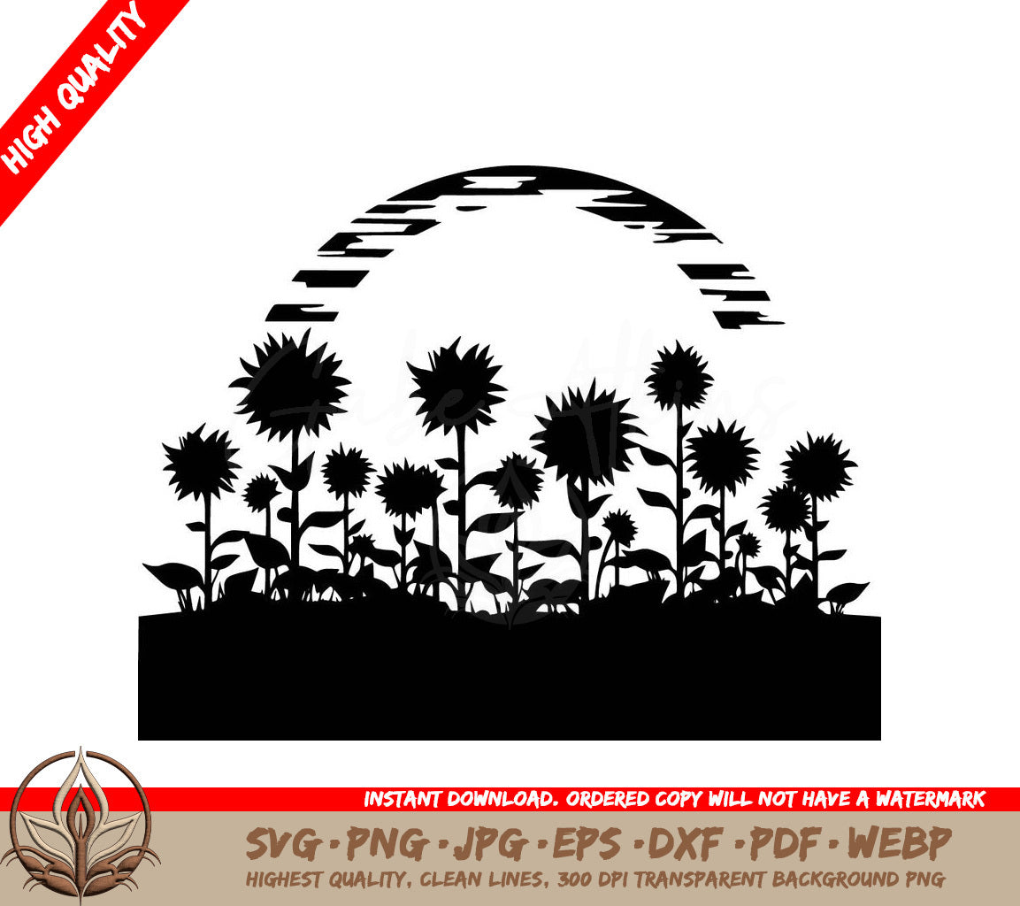 Sunflower Field at Sunrise Digital Design in SVG, PNG, JPG, AI, PDF, DXF, EPS and WebP Formats
