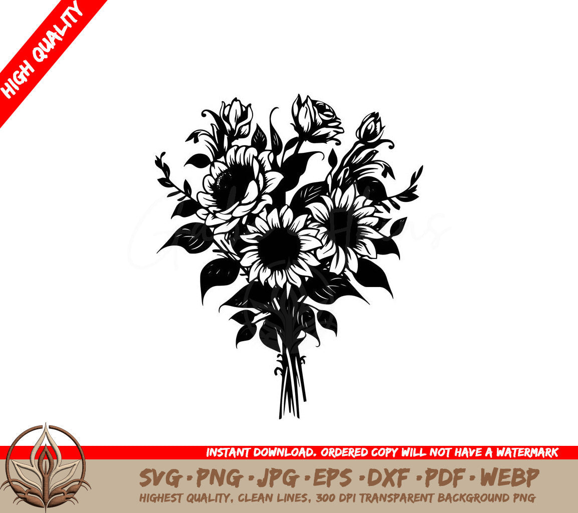 Sunflower and Rose Bouquet Digital Design Files (SVG, PNG, JPG, AI, PDF, DXF, EPS, WebP)