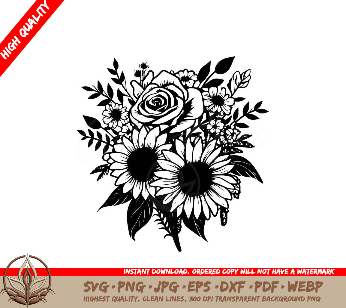 Sunflowers and Rose Bouquet Digital Design Files (SVG, PNG, JPG, AI, PDF, DXF, EPS, WebP)