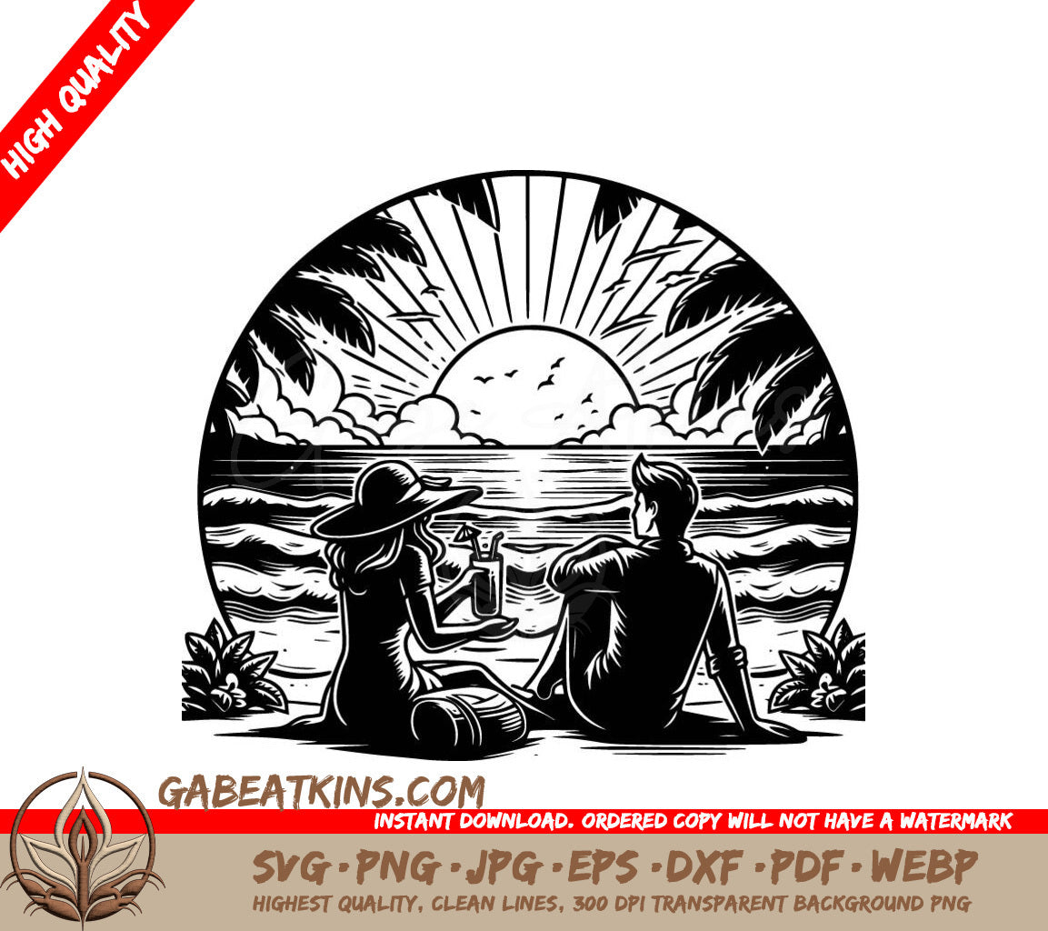 A Man And A Woman Are Sitting On The Beach Looking At The Sunset SVG - Sunset Serenity Couple SVG