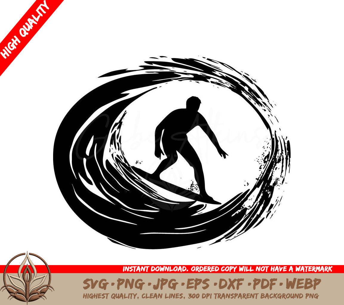 Surfer Riding Wave: Multi-Format Digital Design File (SVG, PNG, JPG, AI, PDF, DXF, EPS, WebP)