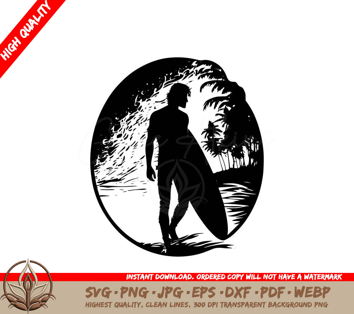 Surfer with Beach Background Digital Design File (SVG, PNG, JPG, AI, PDF, DXF, EPS, WebP)