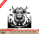 Surreal  Bull Cemetery SVG - Halloween Highland Cow Fog Landscape SVG