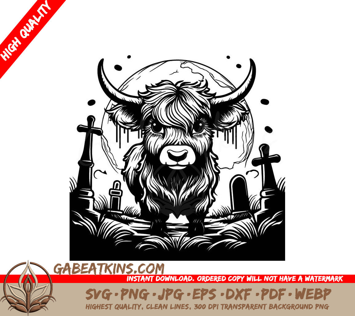Surreal Bull Cemetery SVG Monochromatic Highland Cow Halloween Landscape SVG