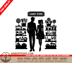 A Man And Woman Are Standing In Front Of A Candy Store SVG - Sweet Shopping SVG