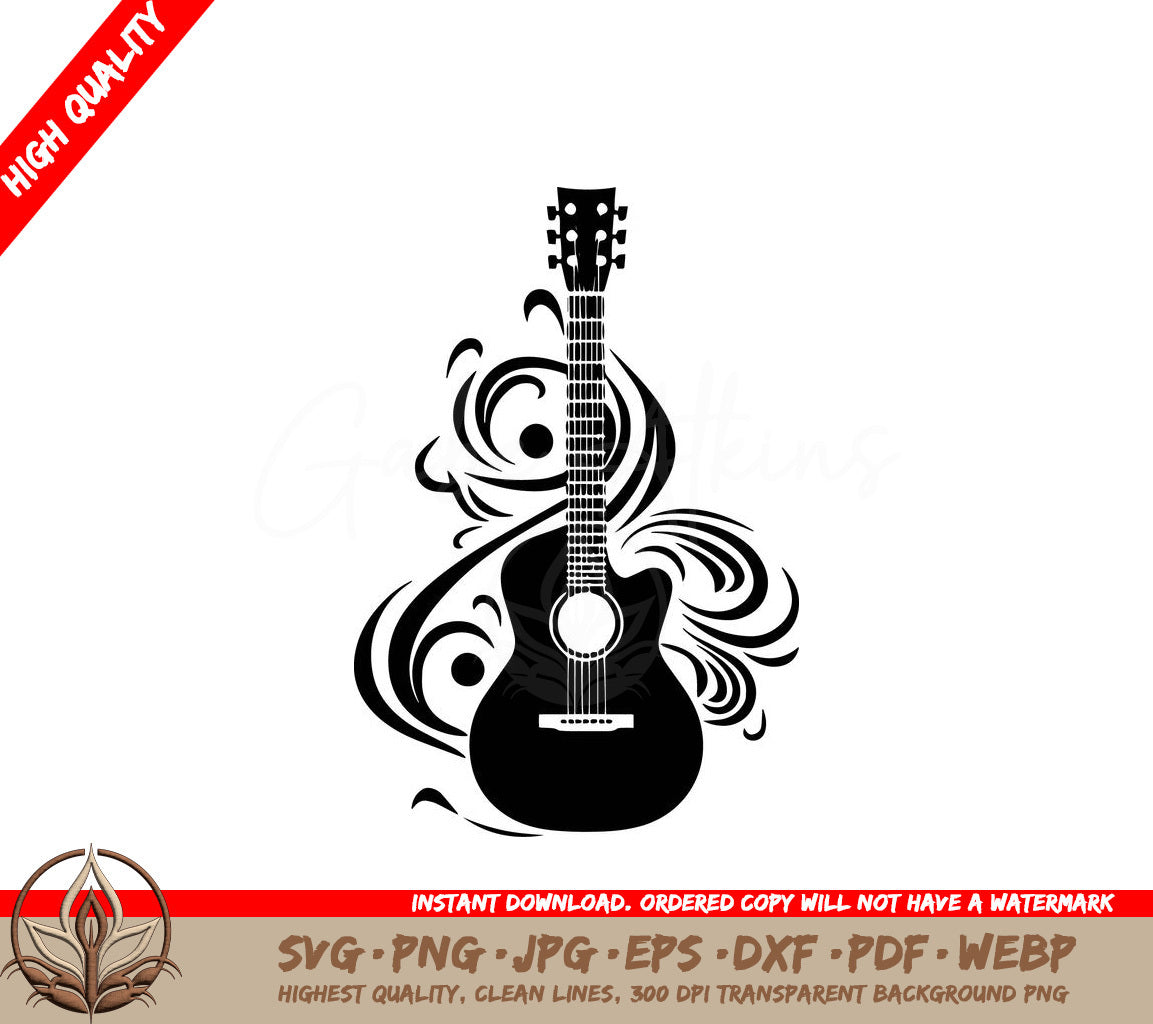 Swirled Guitar Design: Digital Download (SVG, PNG, JPG, AI, PDF, DXF, EPS, WebP)