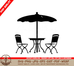 Table with Chairs and Umbrella Digital Design File (SVG, PNG, JPG, AI, PDF, DXF, EPS, WebP)