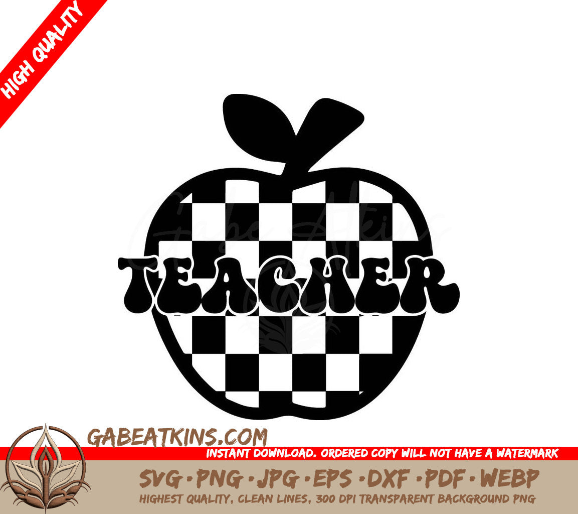 A Black And White Apple With The Word Teacher On It SVG - Teacher Checker Apple SVG SVG