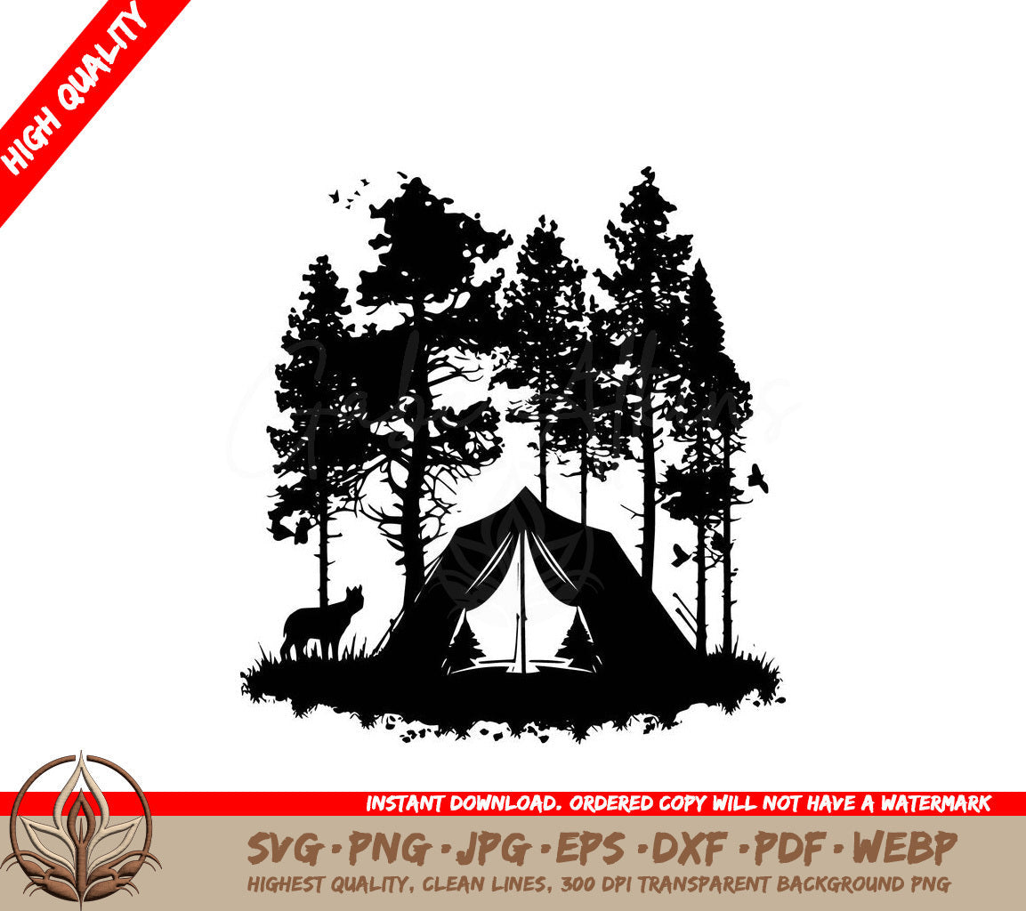 Tent in Forest Digital Design File (SVG, PNG, JPG, AI, PDF, DXF, EPS, WebP)