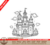 Enchanted Forest Castle SVG  Drawing with Trees and Clouds SVG