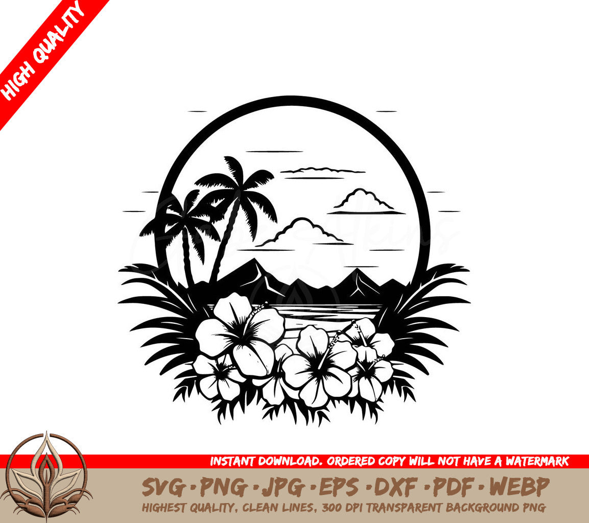 Tranquil Beach with Palm Trees Digital Design in Multiple File Formats (SVG, PNG, JPG, AI, PDF, DXF, EPS, WebP)