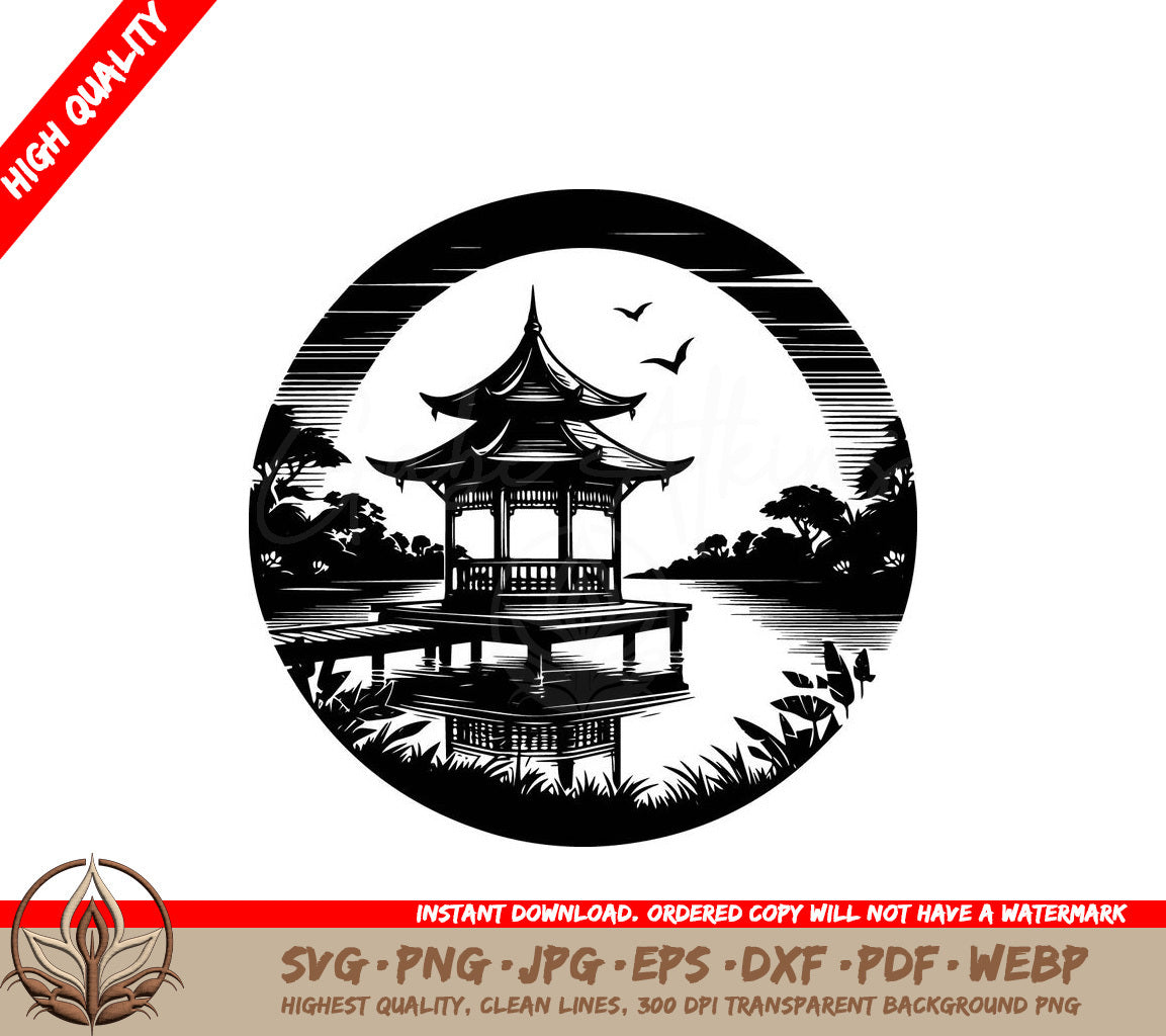 Tranquil Pagoda Garden: Digital Design Cut File (SVG, PNG, JPG, AI, PDF, DXF, EPS, WebP)