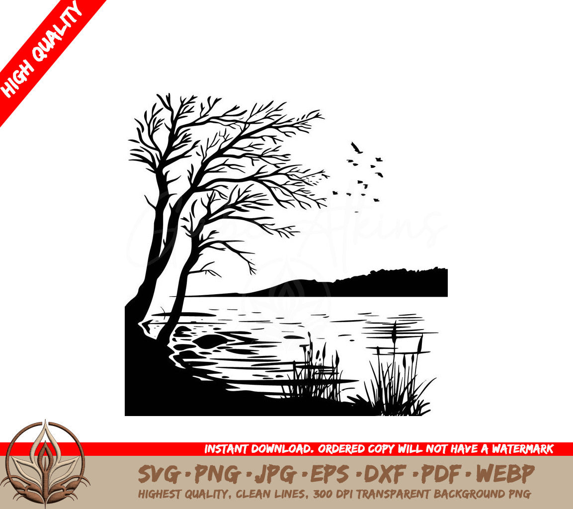 Tranquil Waterside View Digital Design in SVG, PNG, JPG, AI, PDF, DXF, EPS WebP Formats