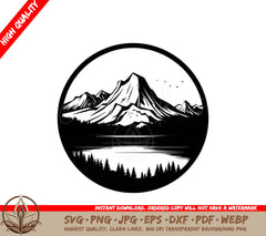 Tree Lined Mountain Lake Digital Design File (SVG, PNG, JPG, AI, PDF, DXF, EPS, WebP)