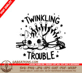 A Cat Wrapped In Christmas Lights With The Words Twinkling Trouble Below It SVG - Twinkling Trouble SVG