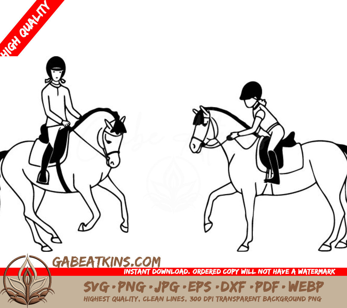 Two People Riding Horses . SVG - Two cute young horsewomen ride a ponies SVG