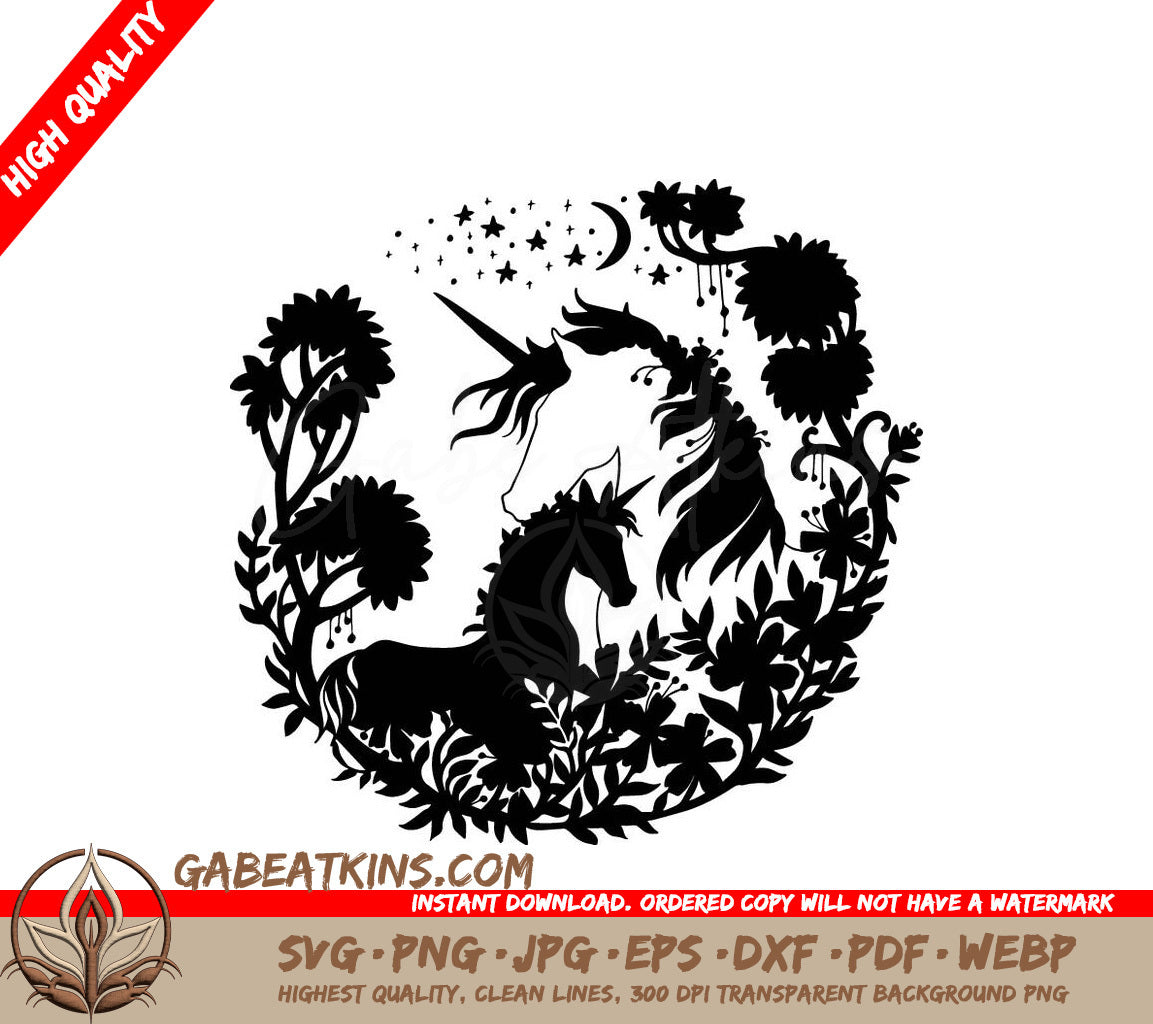 Magical Unicorn & Foal Silhouette SVG with Flowers, Trees & Stars SVG