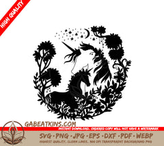Magical Unicorn & Foal Silhouette SVG with Flowers, Trees & Stars SVG