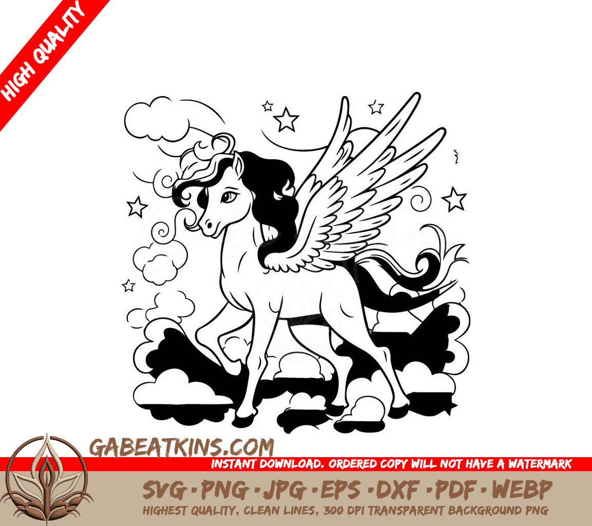 Pegasus in Clouds & Stars SVG - Coloring Book Illustration SVG