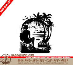 A Silhouette Of A Woman Sitting Under A Palm Tree SVG - Vacation SVG