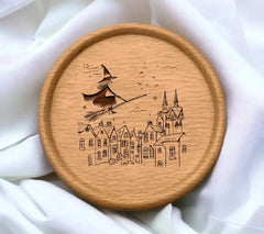 Witch Flying on Broom SVG - Halloween Full Moon Illustration SVG