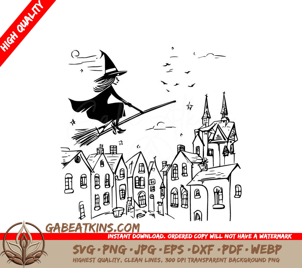 Witch Flying on Broom SVG - Halloween Full Moon Illustration SVG