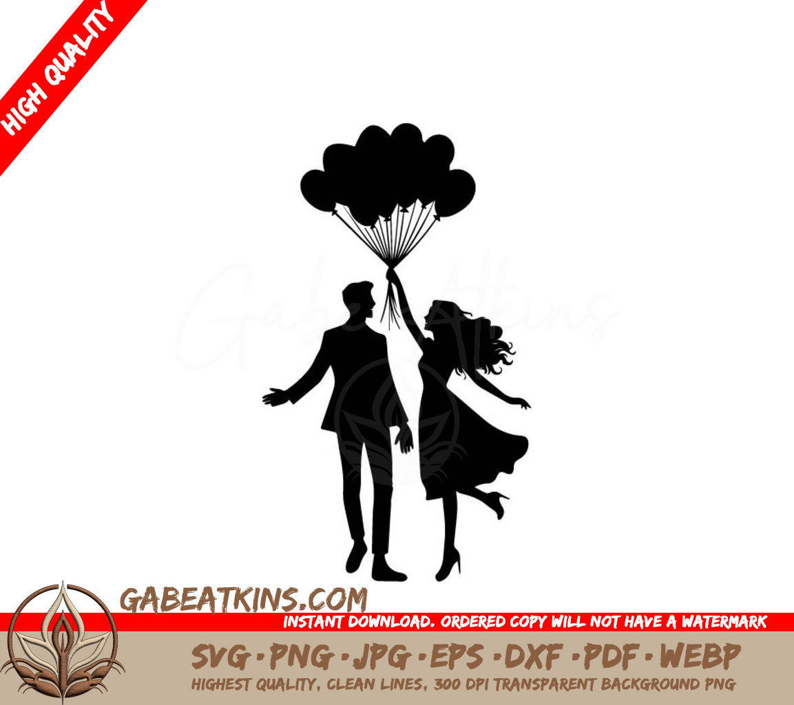 Romantic Couple Silhouette with Balloons SVG SVG