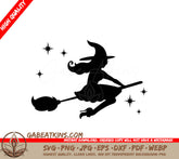 Halloween Witch Silhouette SVG - Flying Broom with Stars SVG