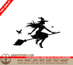 Halloween Witch Silhouette SVG Flying Broom & Bats SVG