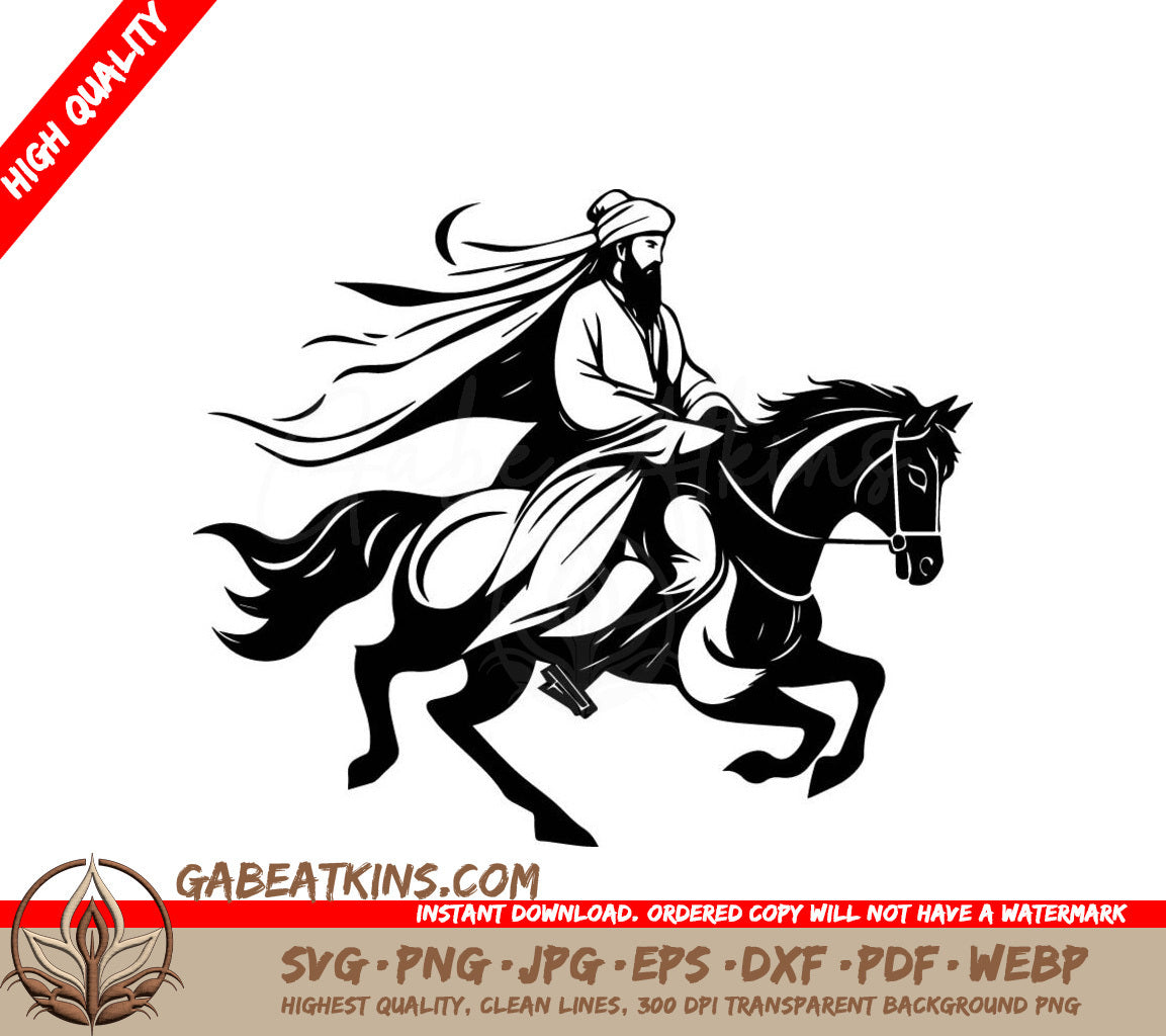 A Man Riding A Horse SVG - Vector Simple Black Ink Painting Logo Style European Sufi Man on Horse with Swordsman Very Powe SVG