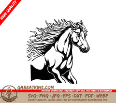 A Horse With A Long Mane SVG - Vector illustration Half body horse with a fast running position black and white design SVG